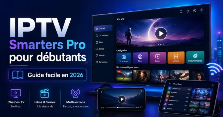 IPTV Smarters Pro pour débutants avec interface streaming sur TV, smartphone et tablette, guide facile en 2026