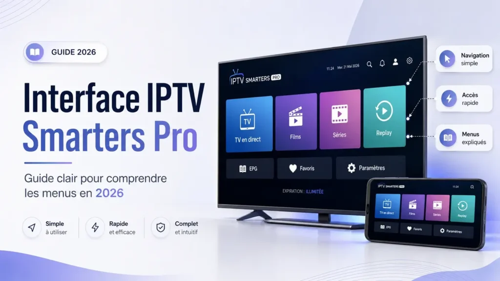 Interface IPTV Smarters Pro avec menus TV en direct, films, séries, replay, EPG, favoris et paramètres, guide clair pour comprendre les menus en 2026