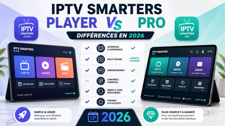 IPTV Smarters Player vs IPTV Smarters Pro : comparaison des différences principales entre les deux applications en 2026.
