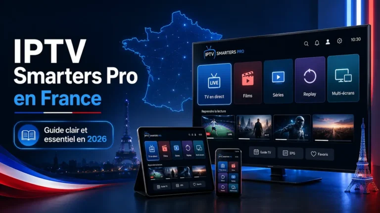 IPTV Smarters Pro en France avec interface moderne sur TV, tablette et smartphone, guide clair et essentiel en 2026
