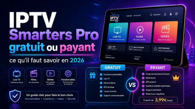 IPTV Smarters Pro gratuit ou payant : comparaison des fonctionnalités gratuites et payantes en 2026.