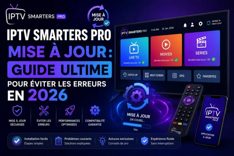 IPTV Smarters Pro mise à jour 2026 avec guide ultime pour éviter les erreurs, améliorer la compatibilité et profiter d’une expérience IPTV stable.
