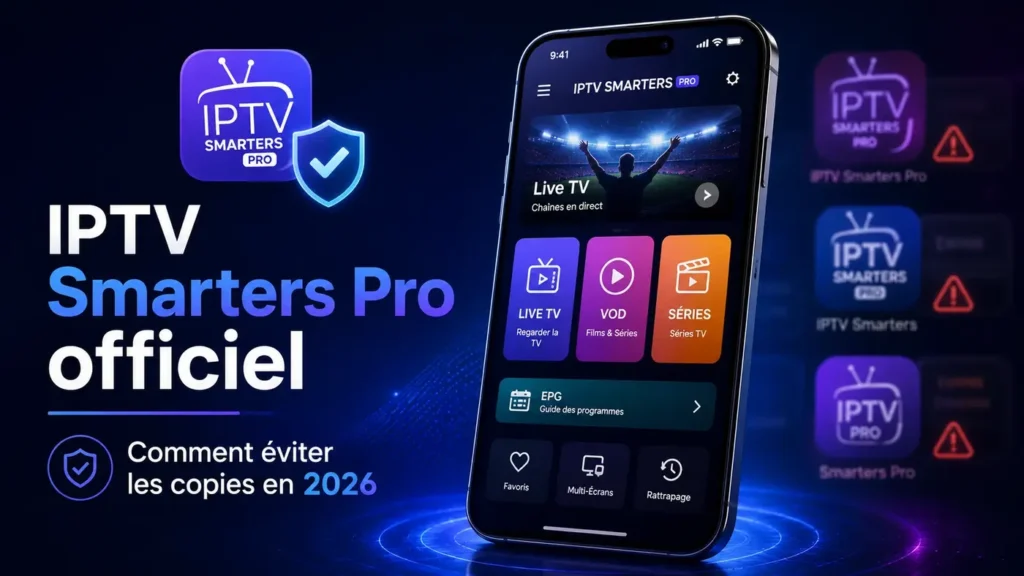 Image illustrant IPTV Smarters Pro officiel avec un badge de vérification et des avertissements pour éviter les copies en 2026.