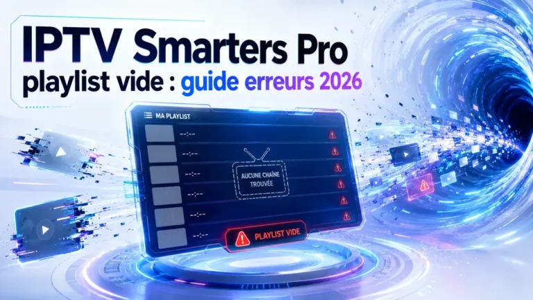 IPTV Smarters Pro playlist vide avec interface futuriste affichant une erreur de chaînes introuvables en 2026
