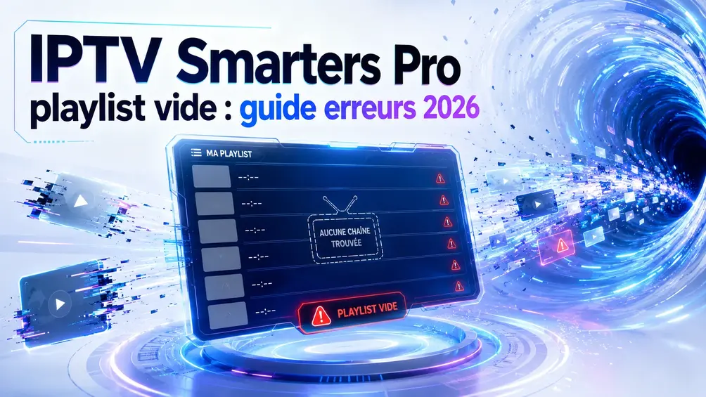 IPTV Smarters Pro playlist vide avec interface futuriste affichant une erreur de chaînes introuvables en 2026
