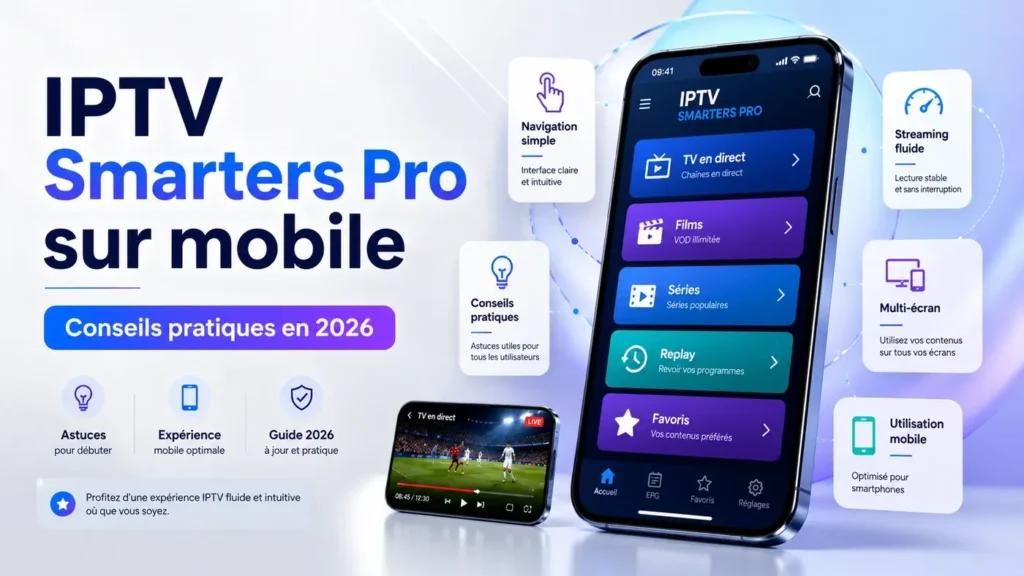 IPTV Smarters Pro sur mobile avec interface smartphone moderne et conseils pratiques en 2026