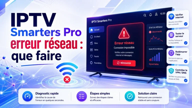 IPTV Smarters Pro erreur réseau avec écran de connexion impossible et étapes de dépannage