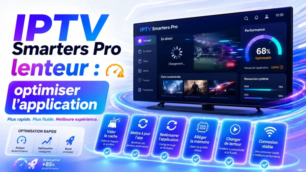 IPTV Smarters Pro lenteur avec interface TV lente et options pour optimiser l’application