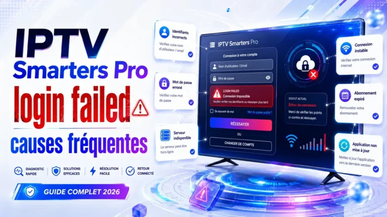 IPTV Smarters Pro login failed avec écran de connexion affichant une erreur et les causes fréquentes en 2026