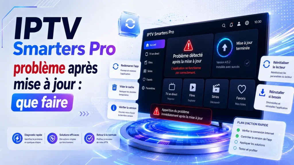 IPTV Smarters Pro problème après mise à jour avec interface d’erreur et solutions à appliquer