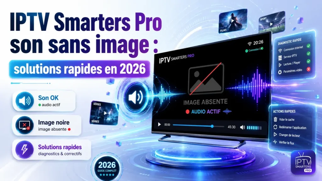 IPTV Smarters Pro son sans image avec audio actif et écran noir, solutions rapides en 2026