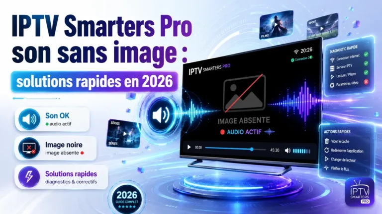 IPTV Smarters Pro son sans image avec audio actif et écran noir, solutions rapides en 2026